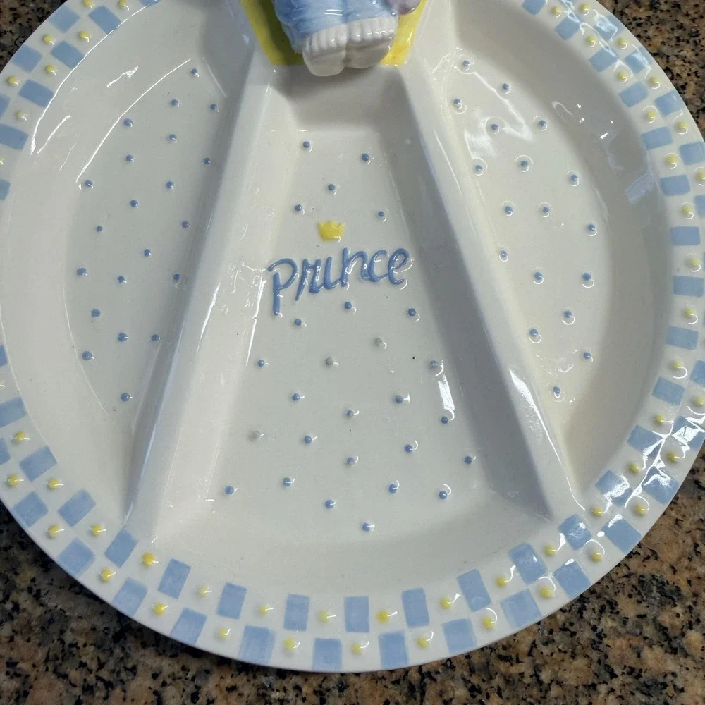 Vintage Mud Pie Prince White Ceramic Sectioned Toddler Plate Boy Figurine Baby
